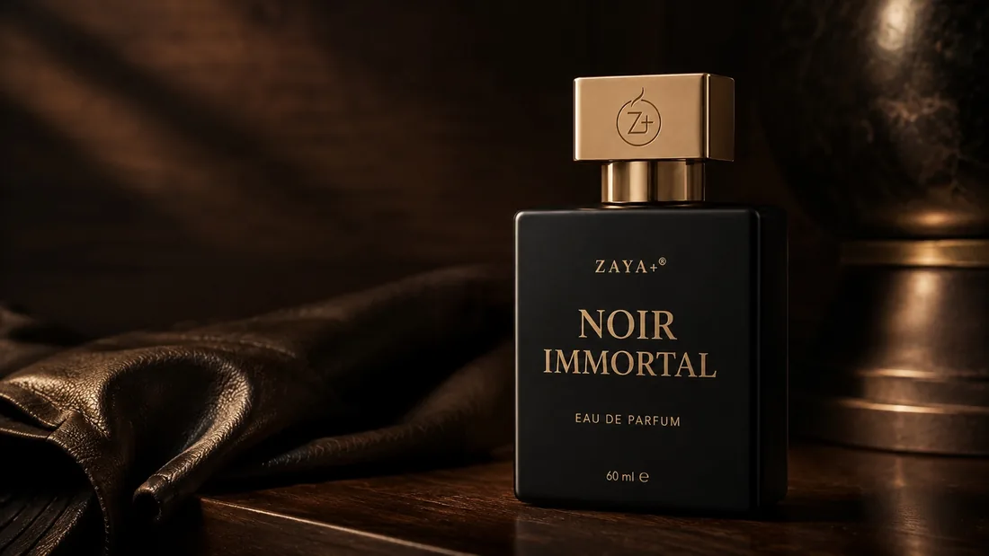 Noir Immortal by ZAYA+ — matte black flacon with a brushed gold Z+ cap on dark wood beside folded leather in warm low light